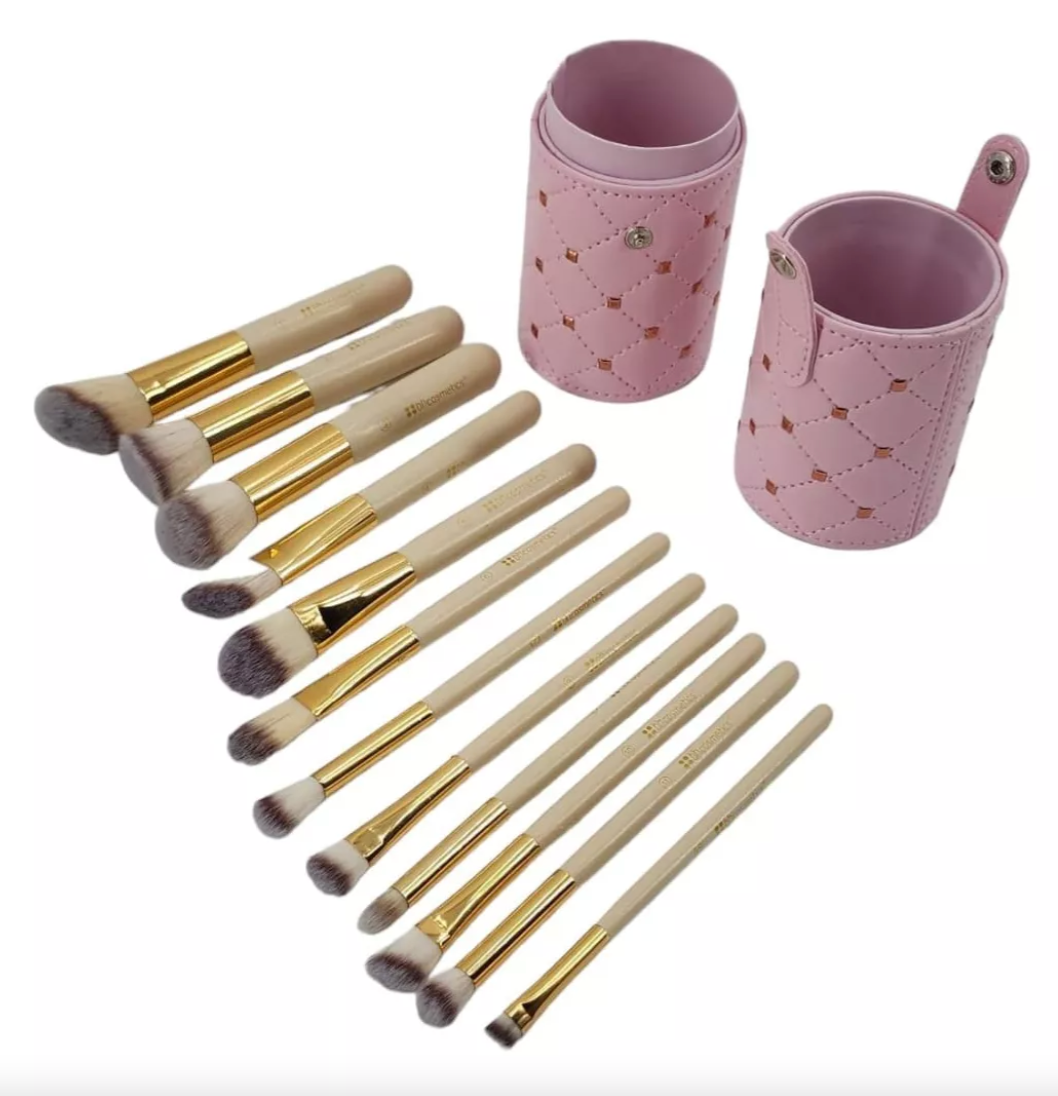 Kit de Brochas de Maquillaje con Estuche Rosa 9x21 cm – Incluye 12 BrochasYT1201R